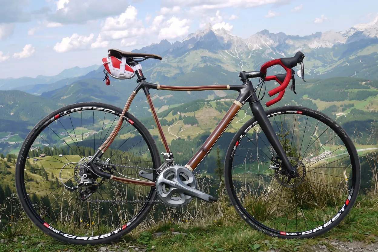 A Samuride bamboo road bike standing before an Alpine panorama